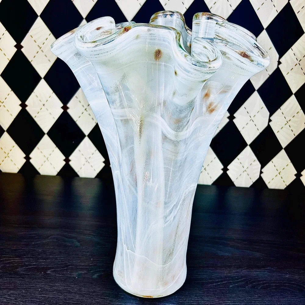 White Opaline Art Glass Vase 15" Ruffled Aventurine‎ Statement - Picture 16 of 17